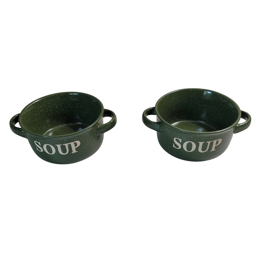 California Pantry Soup Bowls Green Speckled Ceramic Double Handle Set of 2 OS